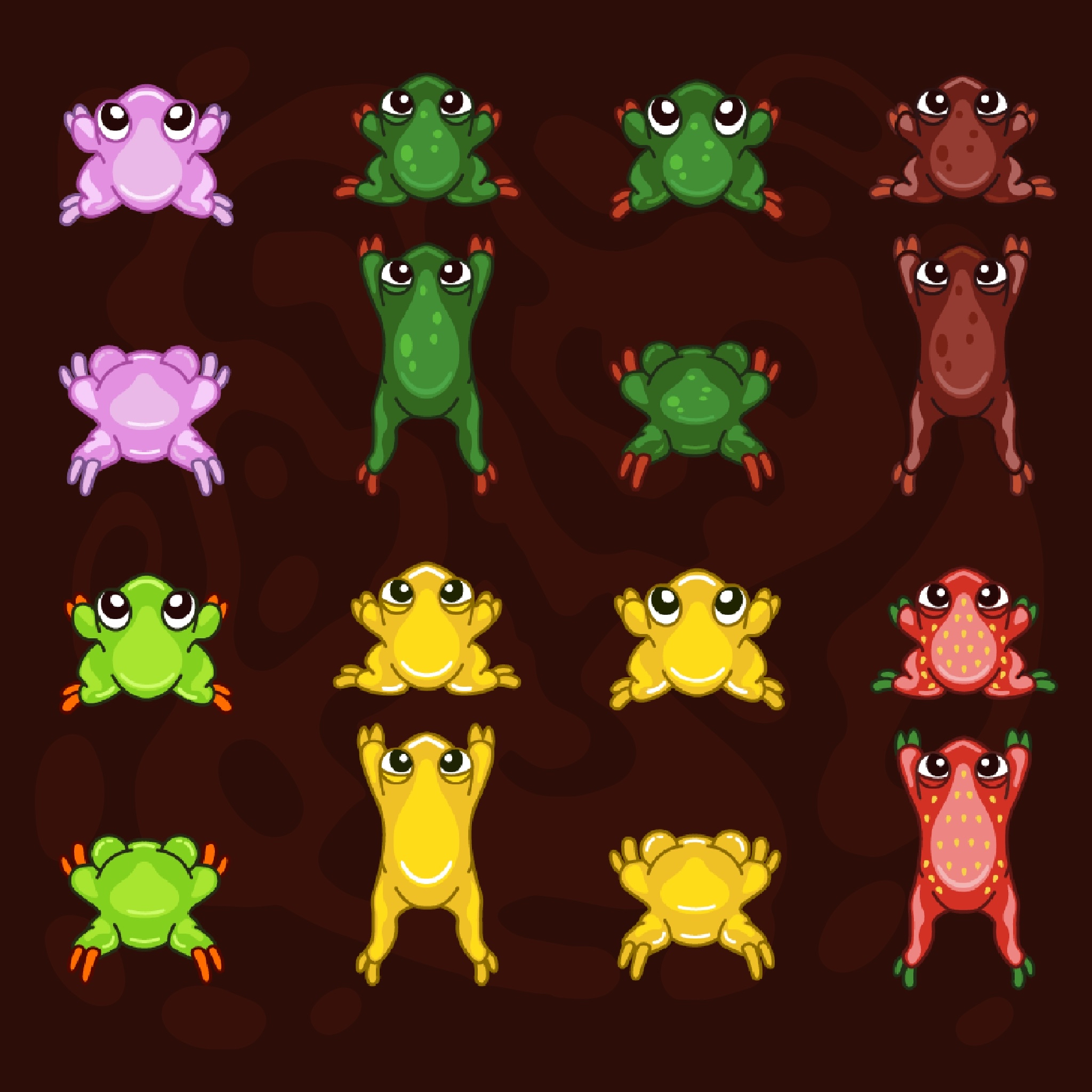 Choc Frog — character sprite sheet with multiple frog colour variants and animation frames